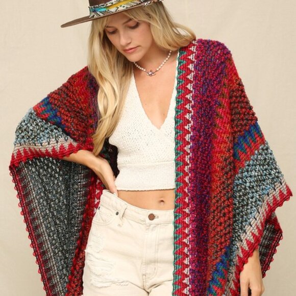 New Bohemian Knit Tasseled Poncho Cardigan Sweater Hippie Top Vintage NWT - Picture 5 of 8